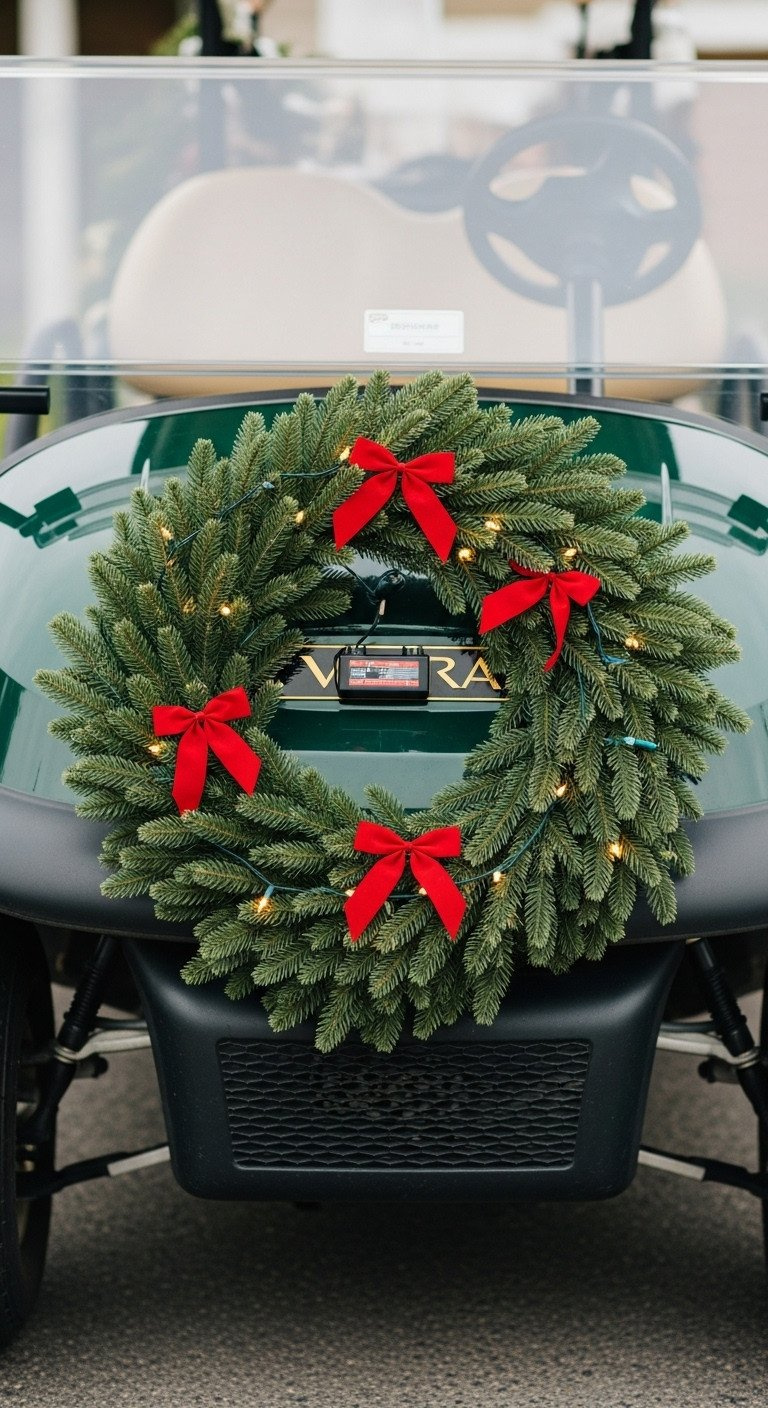 9 Genius Golf Cart Decoration Ideas With Safe Wiring Tips Traditional Christmas Wreath With Red Bows And Led Fairy Lights Securely Fastened To A Golf Cart'S Front Grille.