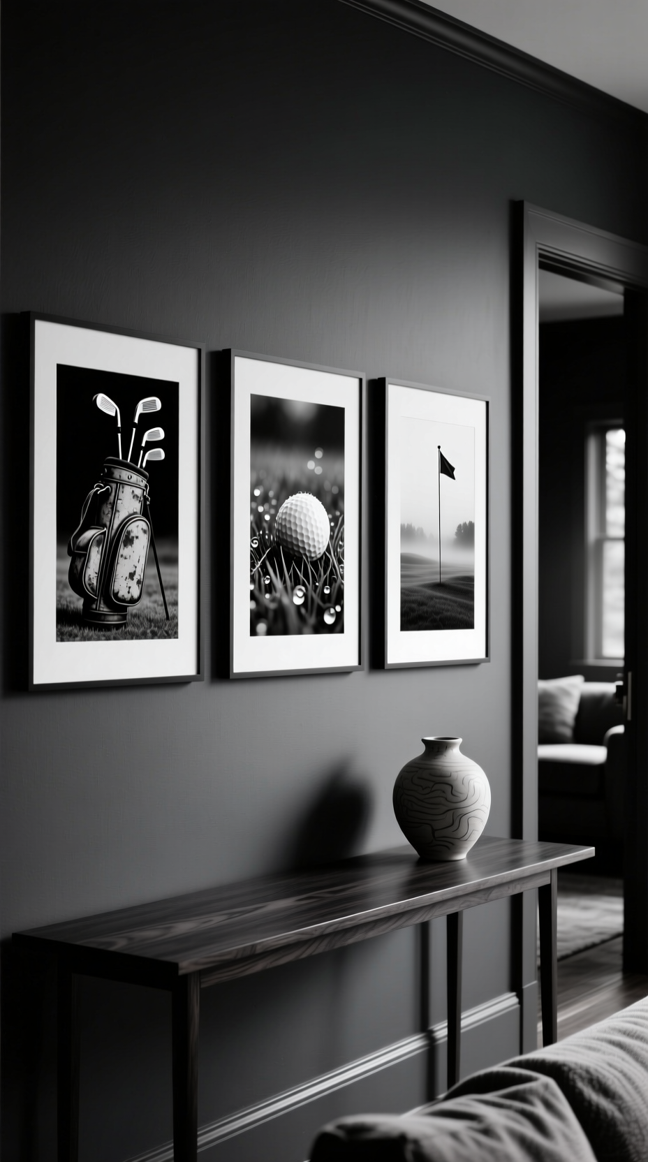 Triptych Of Black And White Golf Photography Hangs On A Dark Gray Wall Above A Sleek Console Table In A Moody Hallway.