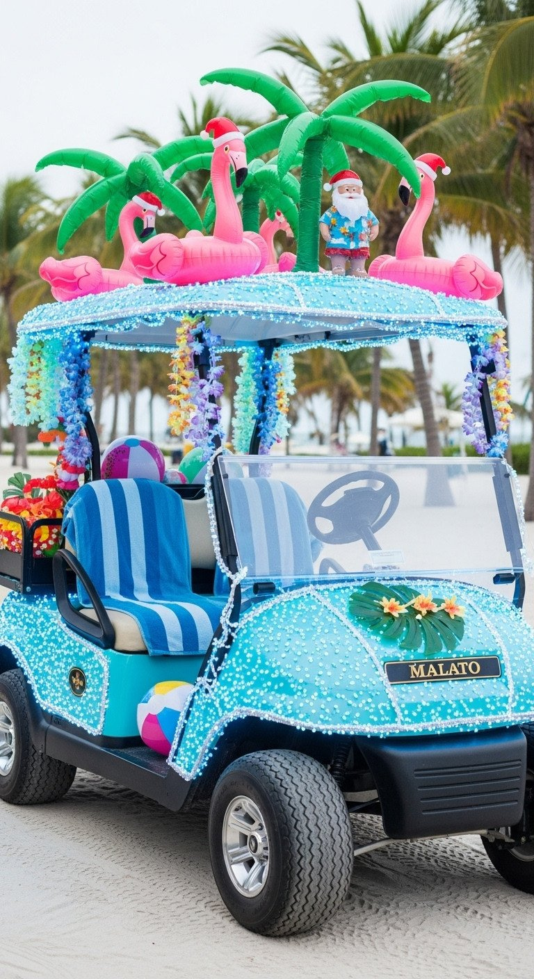 9 Genius Golf Cart Decorating Ideas Structural Pvc Guide Tropical Christmas Golf Cart: Blue Lights, Palm Fronds, Flamingos In Santa Hats, Hawaiian Santa. Vibrant Beach Holiday Decor.