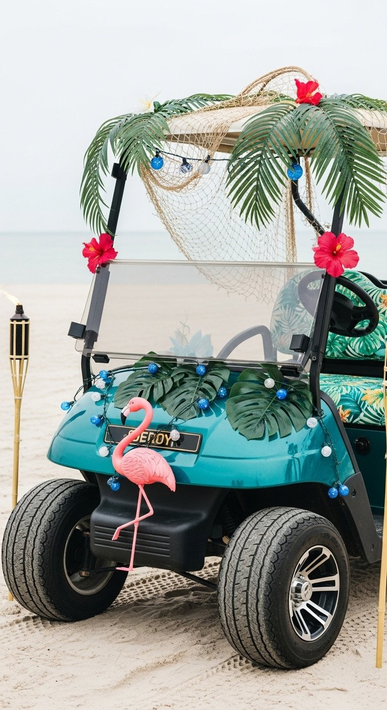 Tropical Holiday Golf Cart With Faux Palm Fronds, Hibiscus Garlands, Blue/White Lights, And Flamingo Prop.