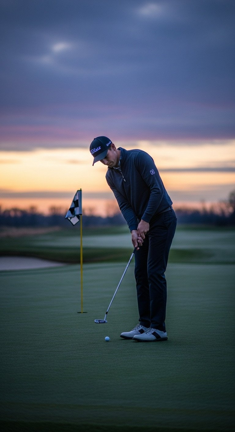 Twilight Golf Course: Muted Periwinkle, Charcoal, And Lavender Sky Over A Damp Putting Green.