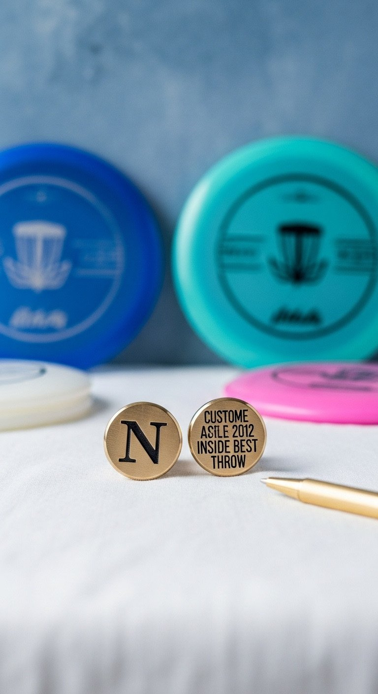 Two Custom-Stamped Disc Golf Mini Marker Discs With Initial &Amp; Date On White Linen. Gold Pen And Blurred Driver.