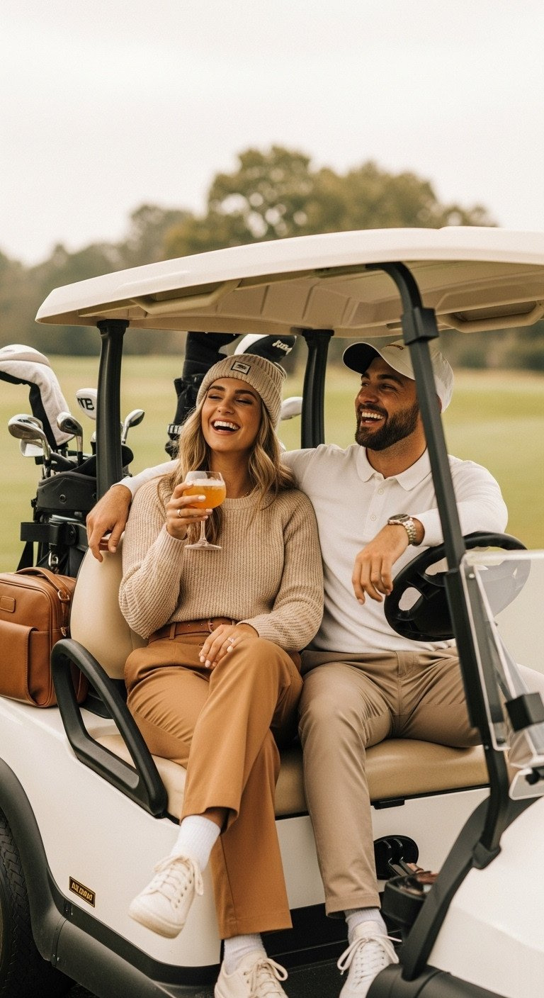 Two Friends Posing Elegantly In A Clean Golf Cart, One With A Drink, The Other Laughing, On A Cart Path.