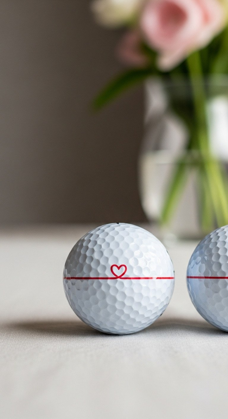 Two Golf Balls With A Minimalist Design Of A Continuous Red Line And Integrated Heart On A White Linen Tablecloth.