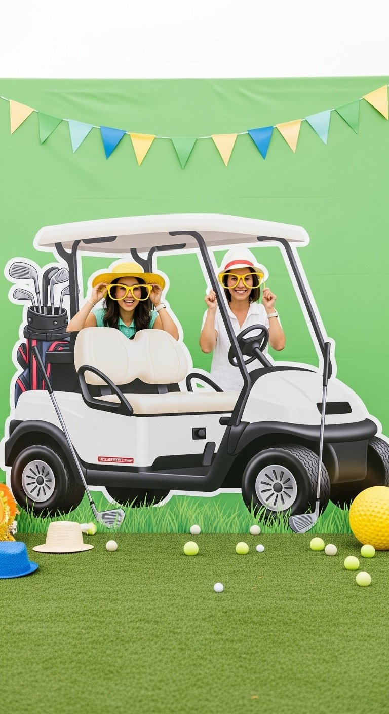 9 Ultimate Golf Party Decorations And Par-Tee Setup Secrets Two People Posing With An Oversized Golf Cart Photo Booth Prop, Accessorized With Golf Clubs And Hats.