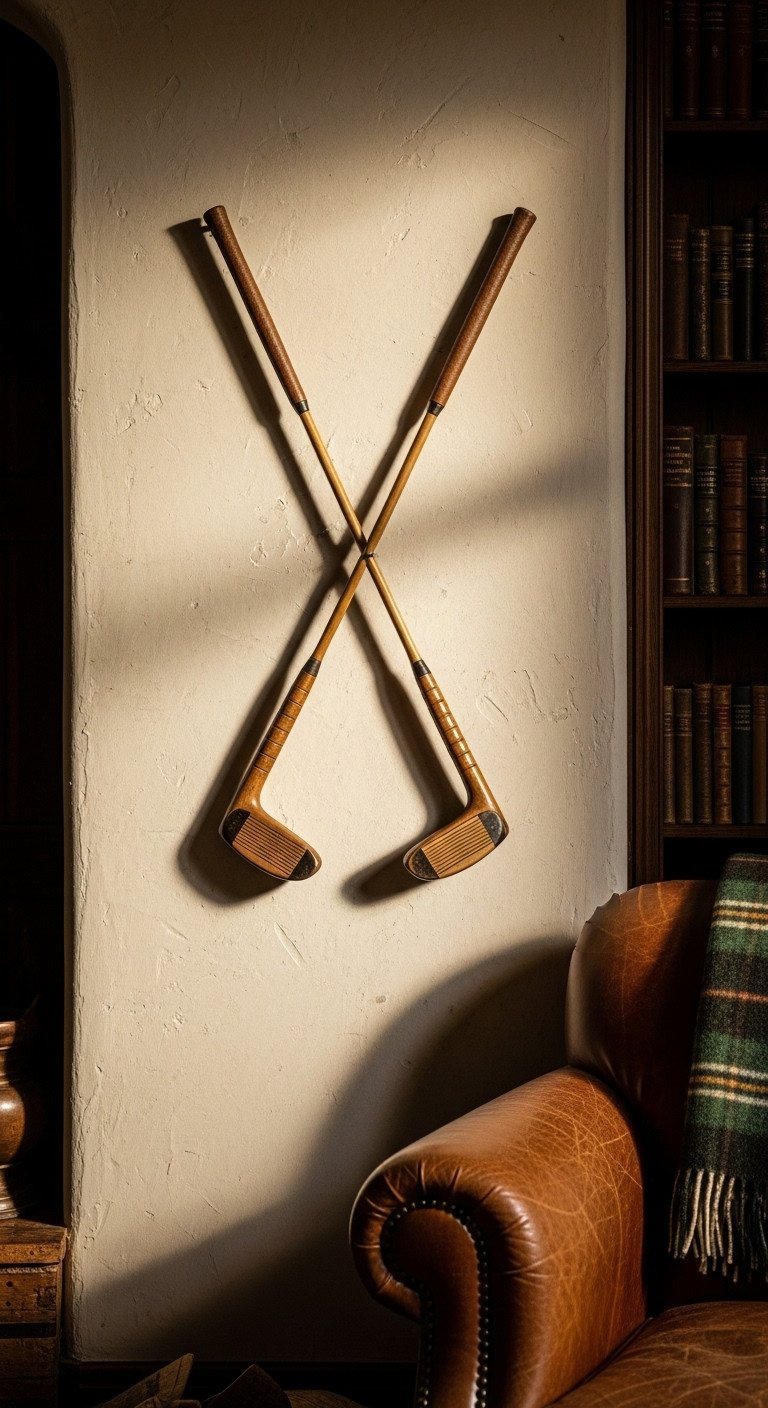 Two Vintage Hickory-Shafted Golf Clubs Mounted On A Cream Plaster Wall In A Cozy Reading Nook With A Leather Armchair.