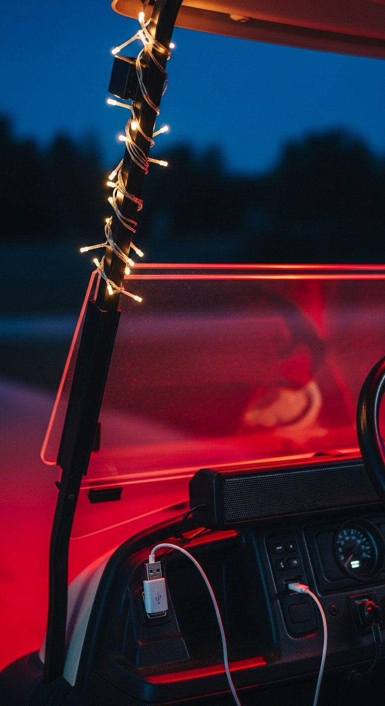 Usb-Powered Micro Fairy Lights Wrapped Around A Golf Cart Canopy, Plugged Into A Dashboard Usb Port, Evening Parade Light.