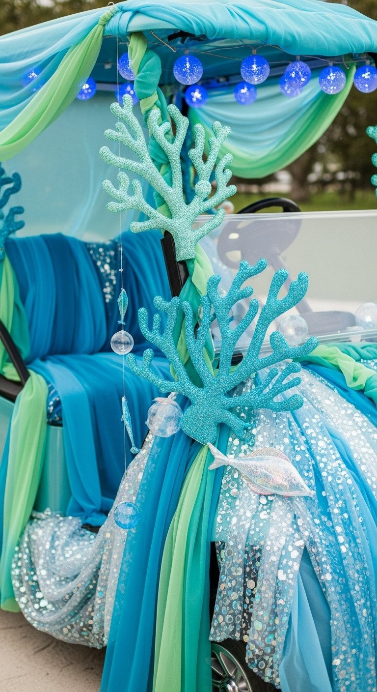 11 Genius Golf Cart Decorating Ideas To Win Every Contest Under-The-Sea Golf Cart, Blue/Green Fabrics, Glitter Coral, Bubble Lights, Faux Fish, Sandy Path. Serene.