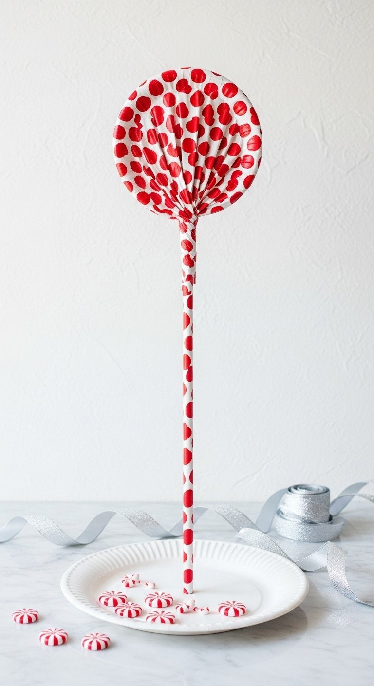 Unique Golf Gift Wrapped Like A Giant Red And White Lollipop, Silver Ribbon, Peppermint Candy, On White Marble Countertop.