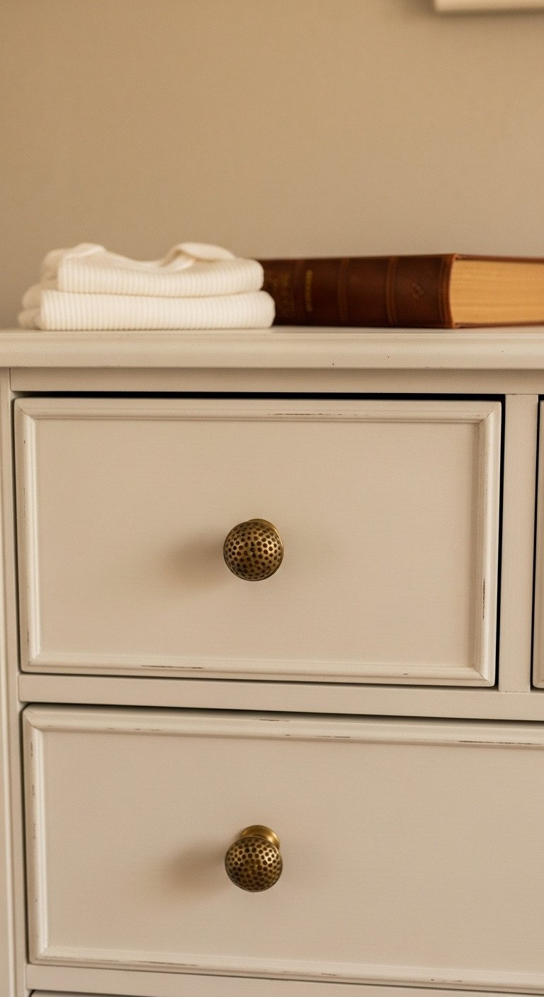 Upcycled Vintage Golf Nursery Dresser Painted Cream With Brass Golf Ball Pulls. Cozy Baby Room Decor, Folded Clothes, Leather Book.