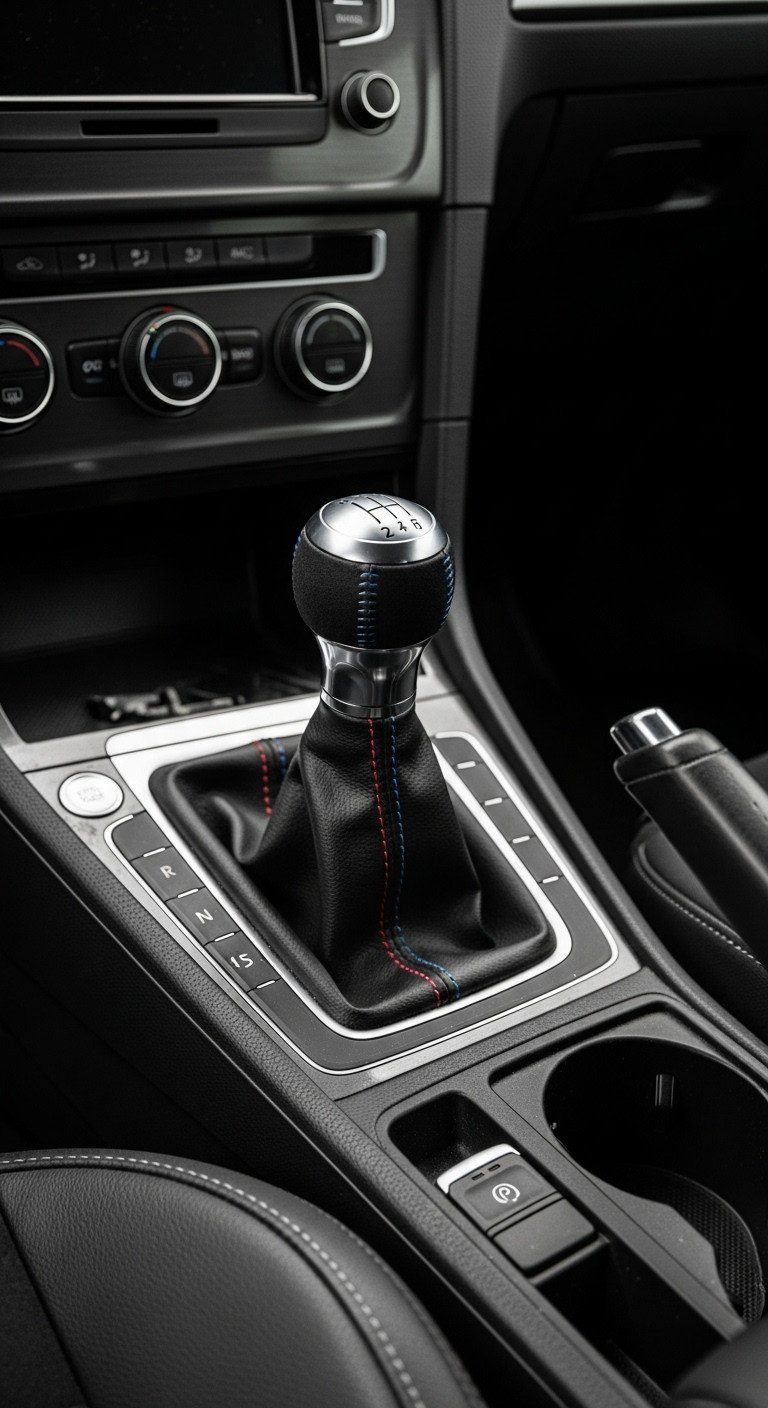 Vw Golf Interior With Aftermarket Alcantara Shifter Knob And Custom Red-Stitched Shift Boot, Enhancing Tactile Feel And Personalized Style.