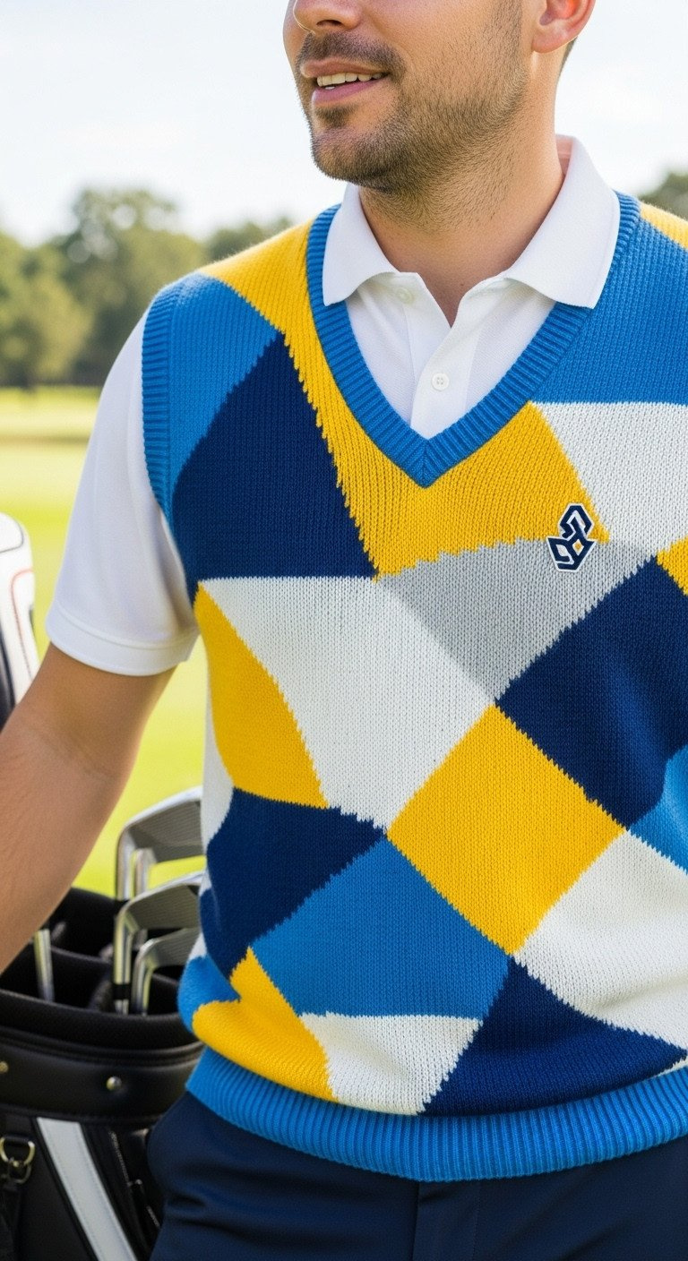 Vibrant 80S Golf Sweater Vest With Bold Geometric Patterns In Yellow, Royal Blue, White, Layered Over A Crisp Polo, On A Blurred Fairway.