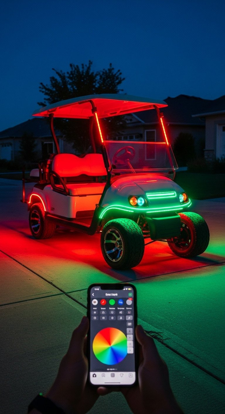 Vibrant Rgb Led Strip Lights Outlining A Golf Cart Frame At Dusk, Showcasing Dynamic Red And Green Color Cycling For Visibility.