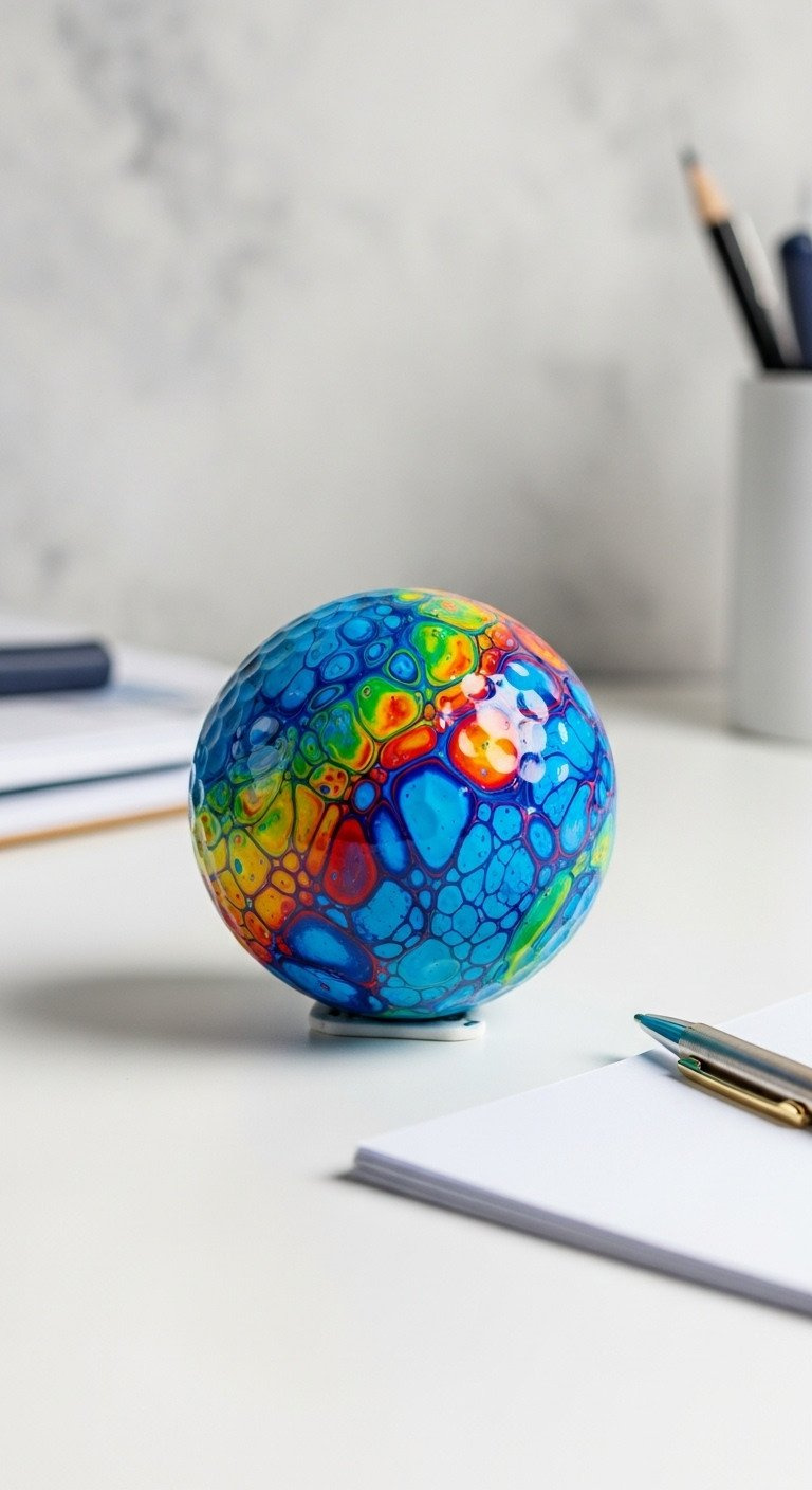 Vibrant Abstract Paint Pour Golf Ball Paperweight With Blue, White, Gold Hues On A Minimalist Desk. Modern Office Decor.