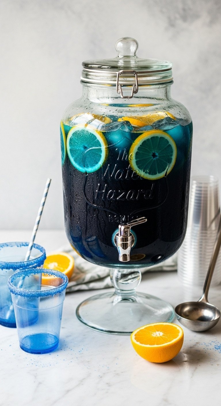 Vibrant Blue Cocktail Punch, 'Water Hazard' Themed, With Citrus In A Glass Dispenser And Sugar-Rimmed Cups.
