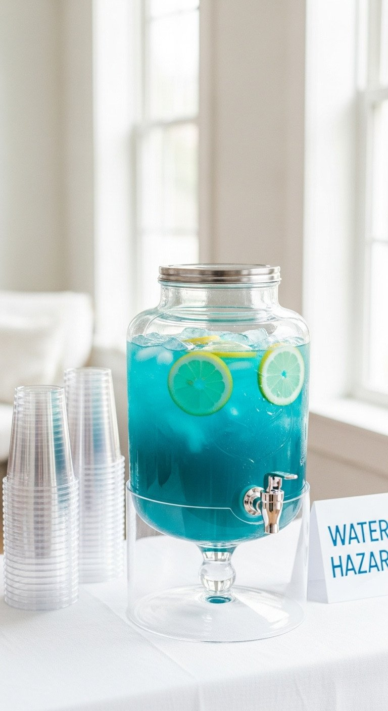 Vibrant Blue Punch In A Glass Dispenser With Lemon, Ice, For A 'Water Hazard' Themed Party, On A White Table.