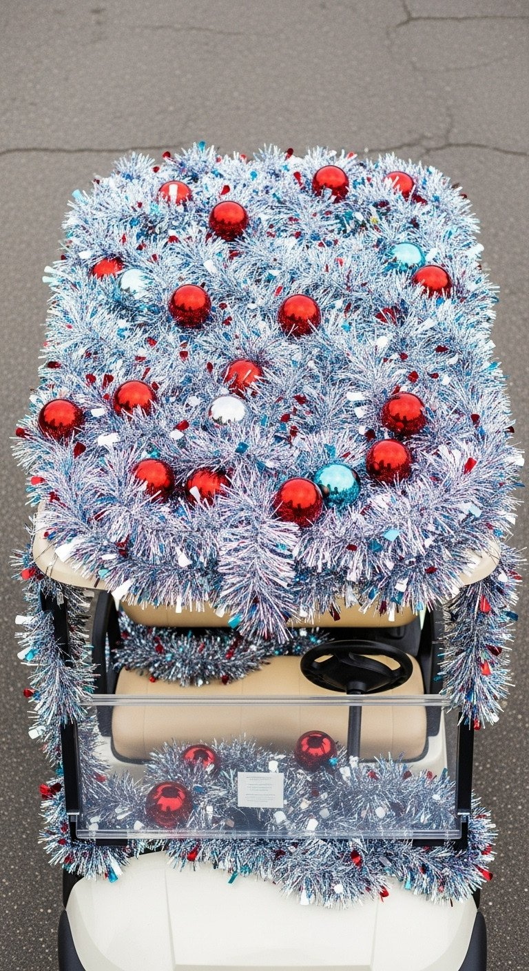 Vibrant Golf Cart Roof With A 'Tinsel Bomb' Of Multicolored Metallic Garland, Bright Led Lights, And Shiny Ornaments.