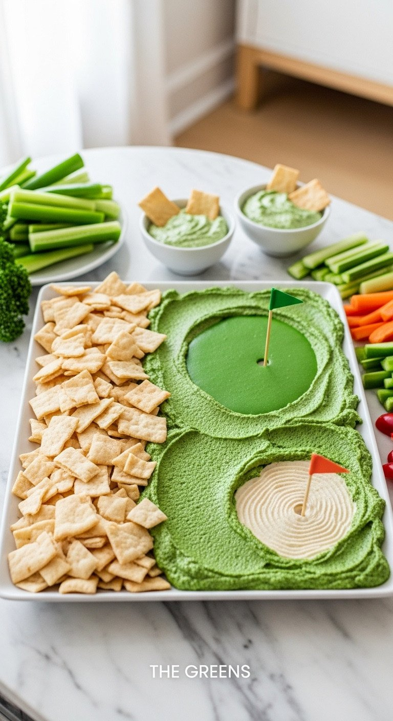 Vibrant Green 'Fairway' Dip With Pita Chip 'Sand Trap' And Mini Flagstick On A Marble Counter, Served With Fresh Vegetables.