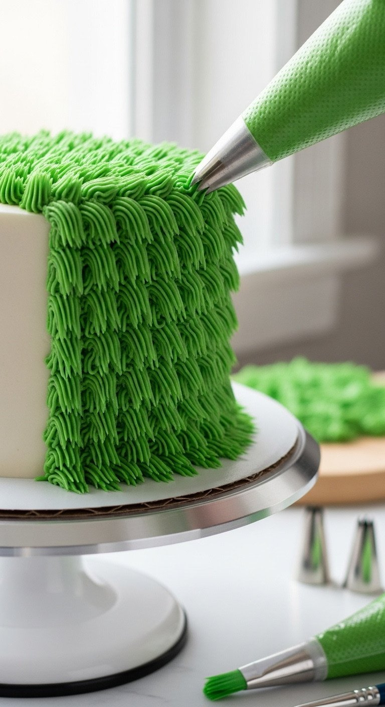 Golf Cake Piping Secrets For Structural Stability Guide Vibrant Green Piped Grass Texture On A White Cake, Showcasing Wilton 233 Tip Detail And Consistent Strands, With Piping Bag.