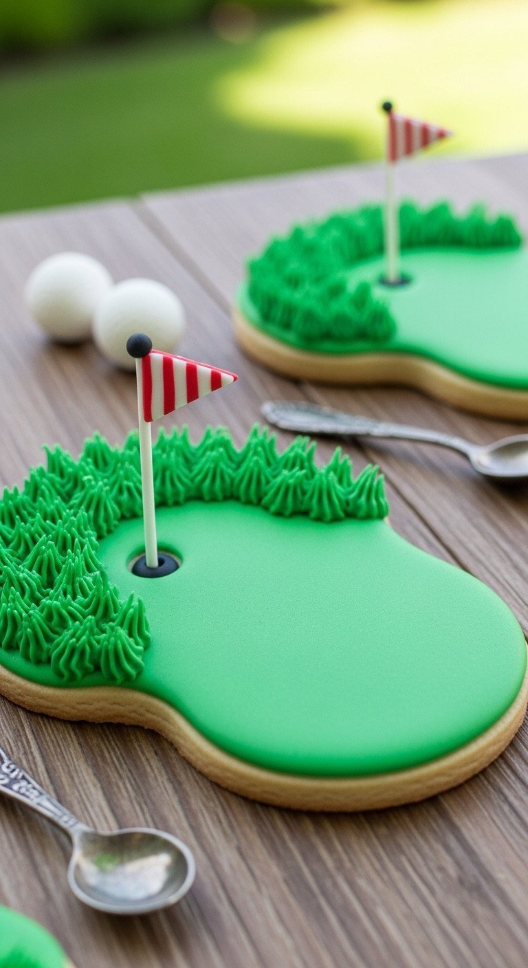 Vibrant Green Putting Green Cookie With Textured Grass, Flagpole, And Golf Balls On Rustic Wood. Ideal Golf Dessert.