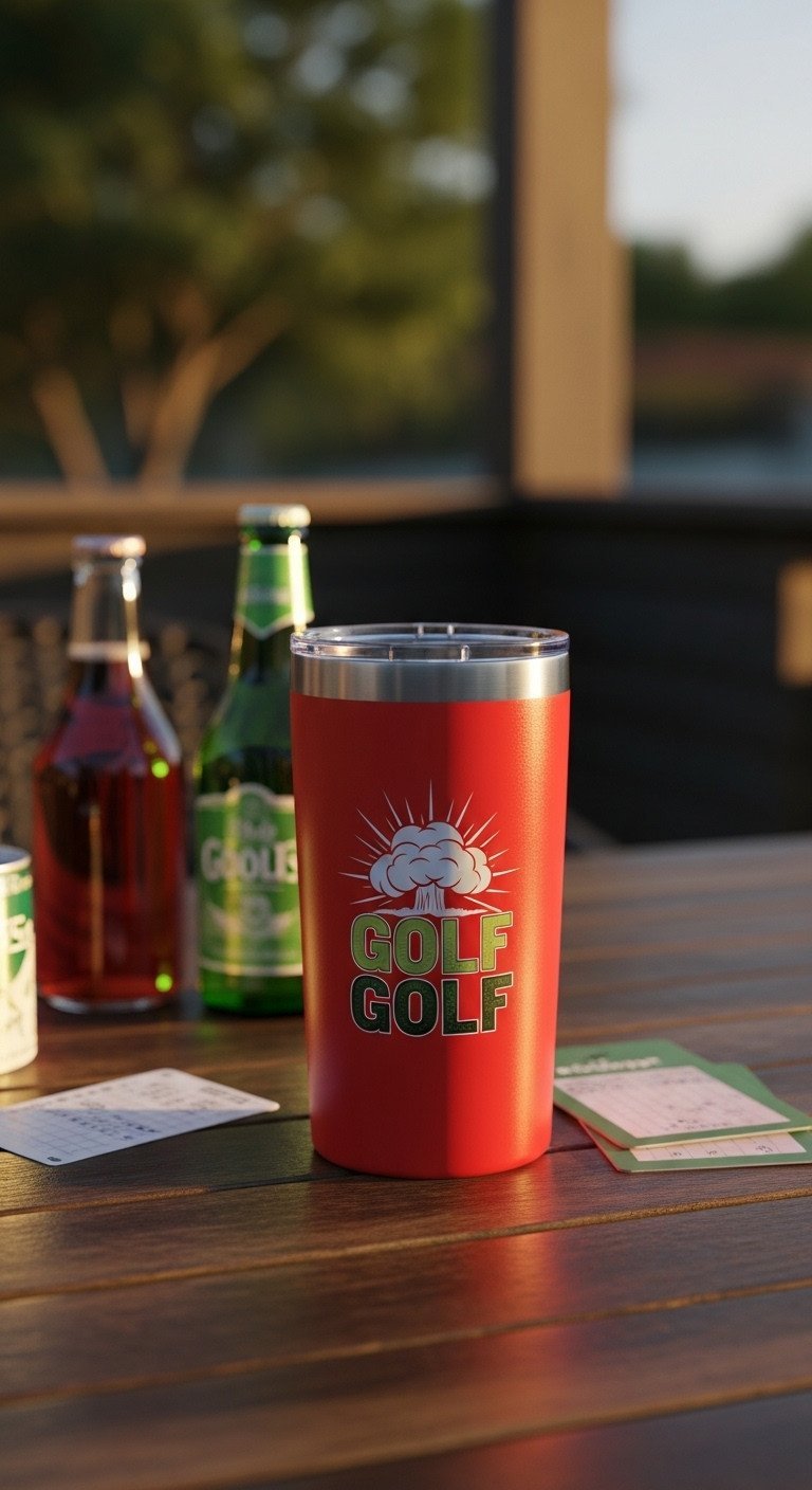 Vibrant, Humorous Golf Vinyl Decal On Glossy Red Insulated Tumbler. Rustic Outdoor Patio Setting.