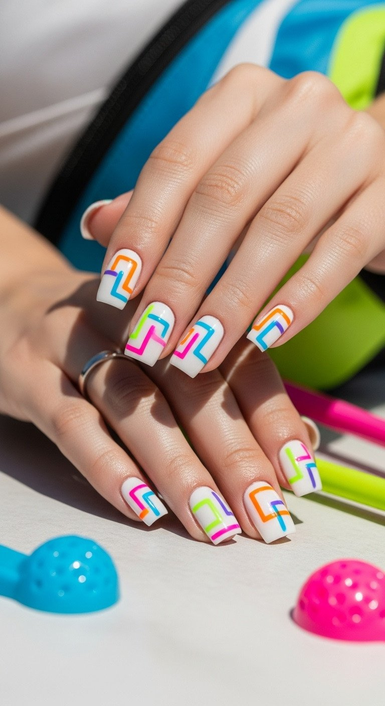 Vibrant Pop-Art Manicure: White Square Nails With Neon Orange, Pink, Electric Blue Color-Blocked Golf Patterns. Energetic.