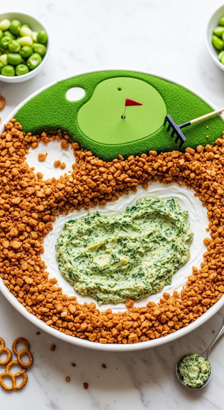 Vibrant Spinach Artichoke Dip Designed As A Golf Bunker With Toasted Pita Chips, Green Vegetables, And A Mini Rake On Marble.