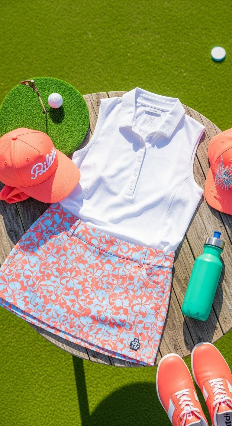 Vibrant Summer Golf Outfit: Coral/Blue Patterned Skort, White Sleeveless Polo, Coral Shoes, Water Bottle On Rustic Table.