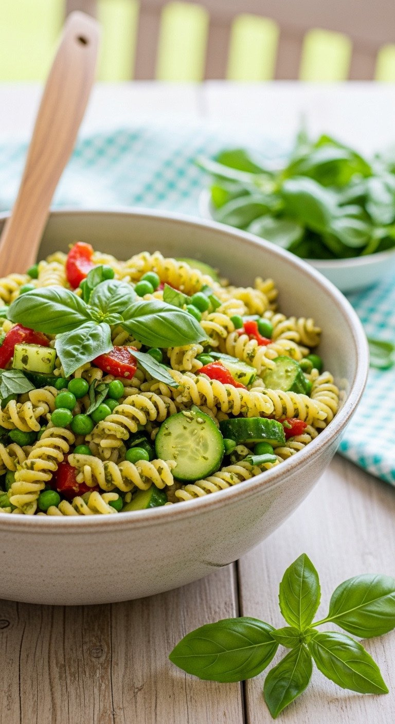 Vibrant Tri-Color Rotini Pasta Salad With Pesto, Peas, Cucumber, And Bell Peppers In A Ceramic Bowl On A Light Patio Table.