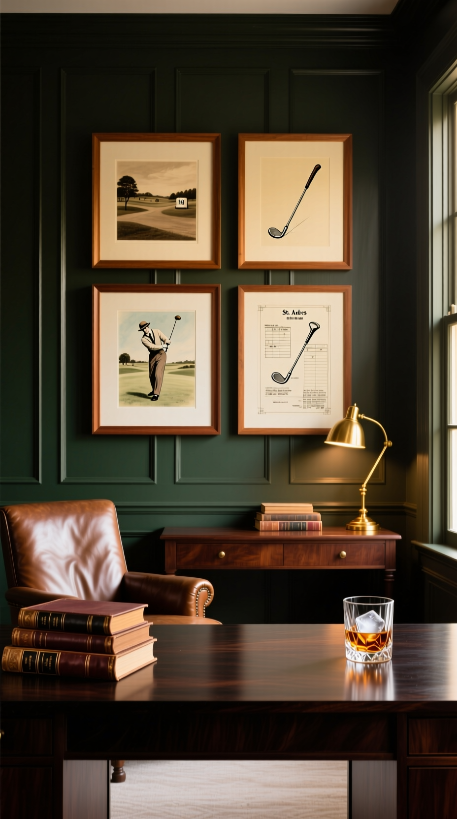 Vintage Golf Art Gallery Wall In A Classic Home Office Above A Dark Wood Console With A Whiskey Glass And Antique Books.