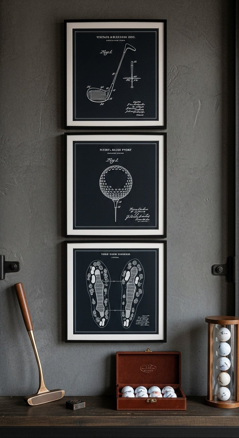 Vintage Golf Patent &Amp; Blueprint Triptych Art; Club, Ball, Course Prints In Industrial Man Cave With Antique Putter.