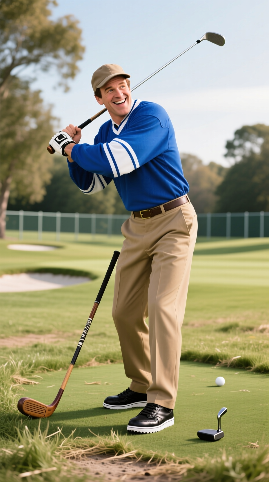 Vintage Golfer: Heavy Tweed Flat Cap, Wool Vest, Brown Knickerbockers, And Leather Shoes In A Rustic Clubhouse Setting.