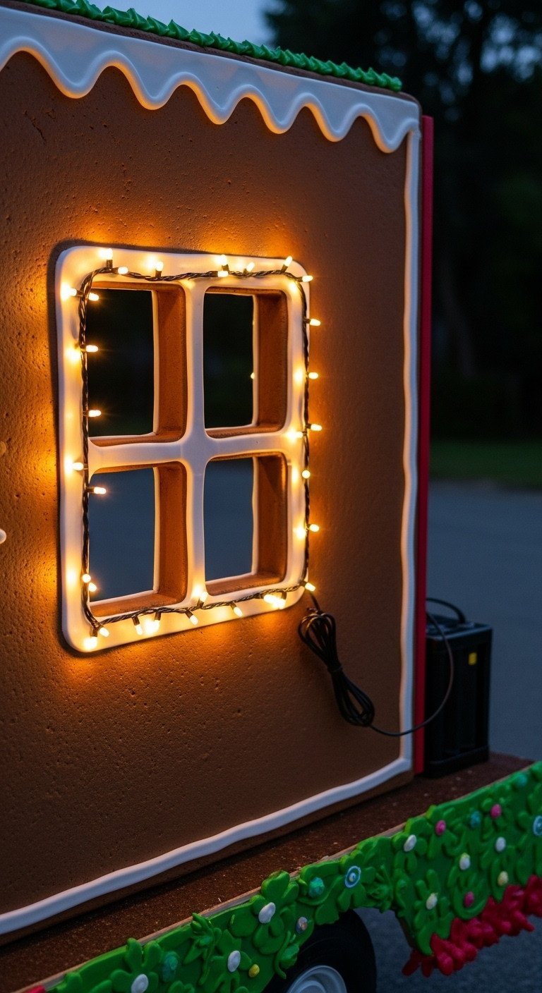 Warm White Led String Lights Outline A Gingerbread Golf Cart Float Window, Secured Neatly With Zip Ties, Glowing At Dusk.