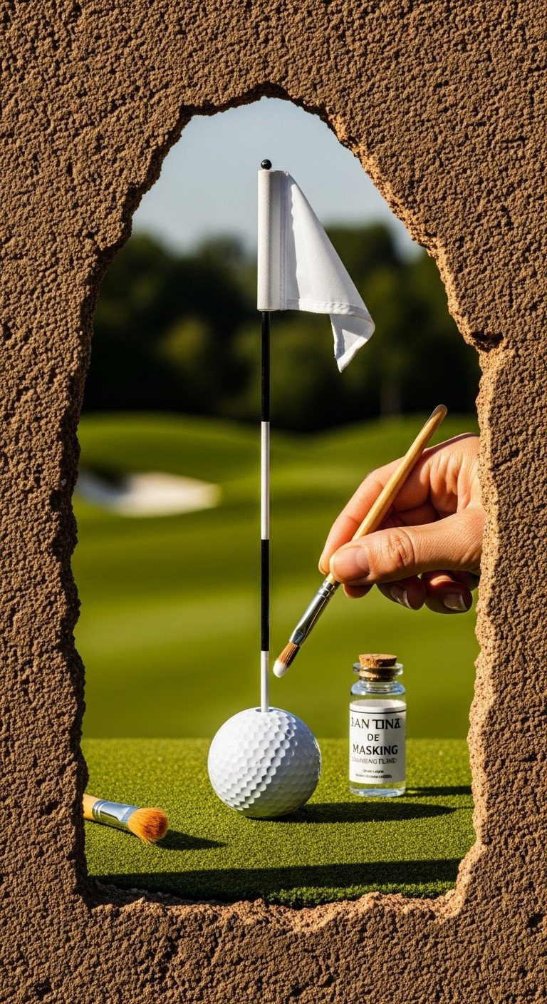 Watercolor Painting Detail: Masked White Golf Ball And Flagstick On Green Fairway, Showcasing Crisp Masking Fluid Edges.