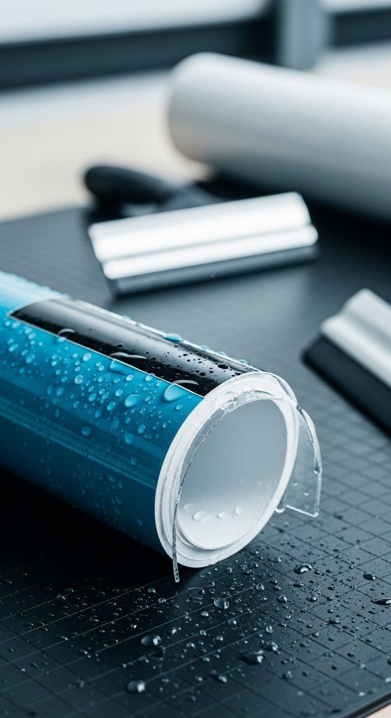 Waterproof Uv Resistant Laminated Vinyl Decal Corner With Water Droplets. Macro View On Matte Black Surface.