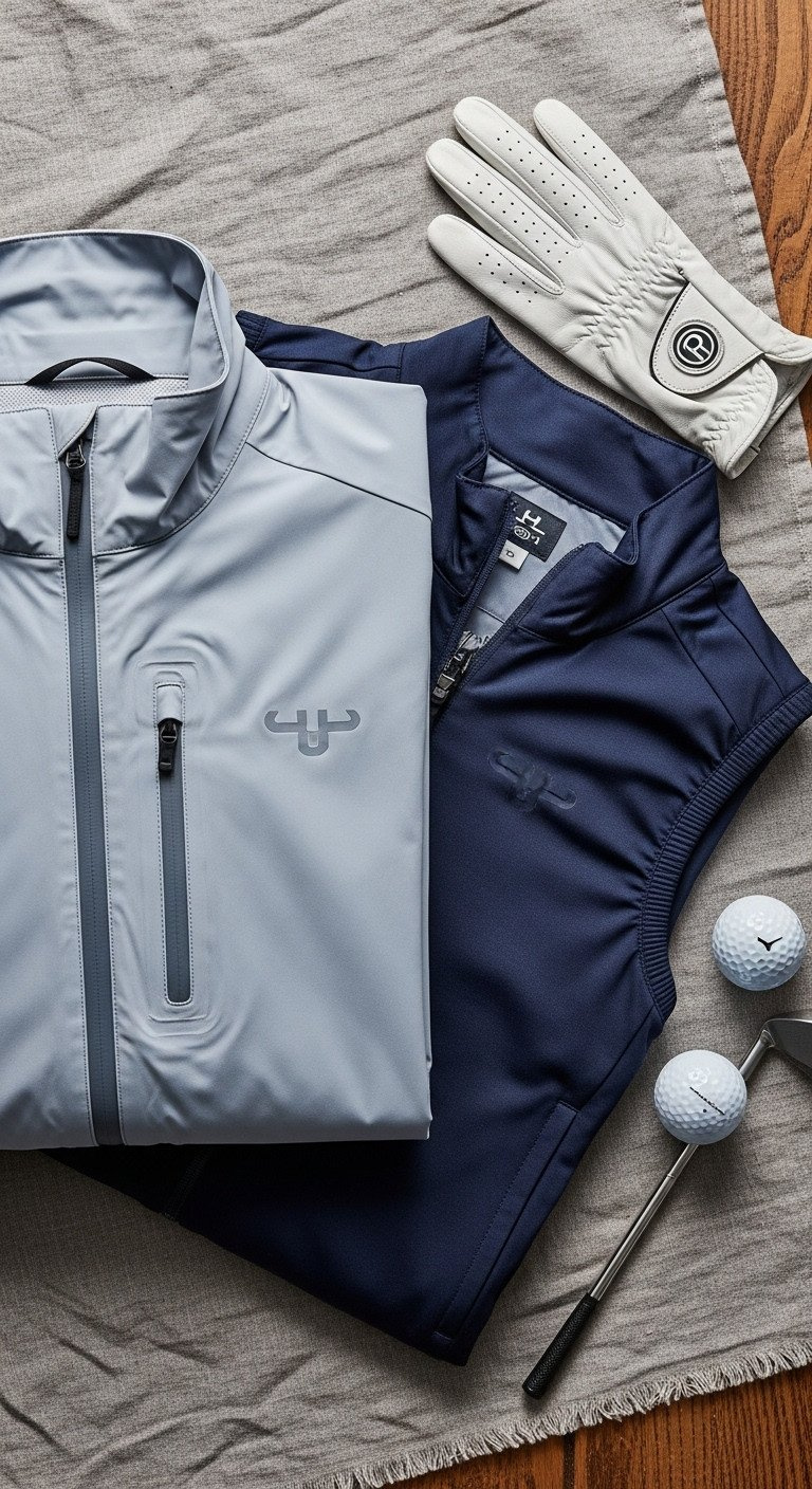 Waterproof Golf Jacket &Amp; Thermal Vest, High-End Performance Fabric, Sealed Seams On Rustic Table.