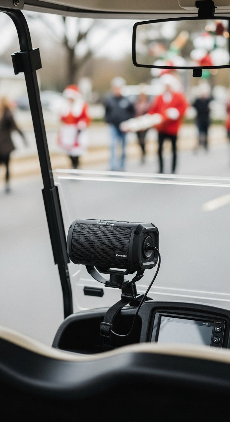 Weather-Resistant Bluetooth Speaker Securely Mounted On A Golf Cart Dash With Discreet Straps, Perfect For Parades.