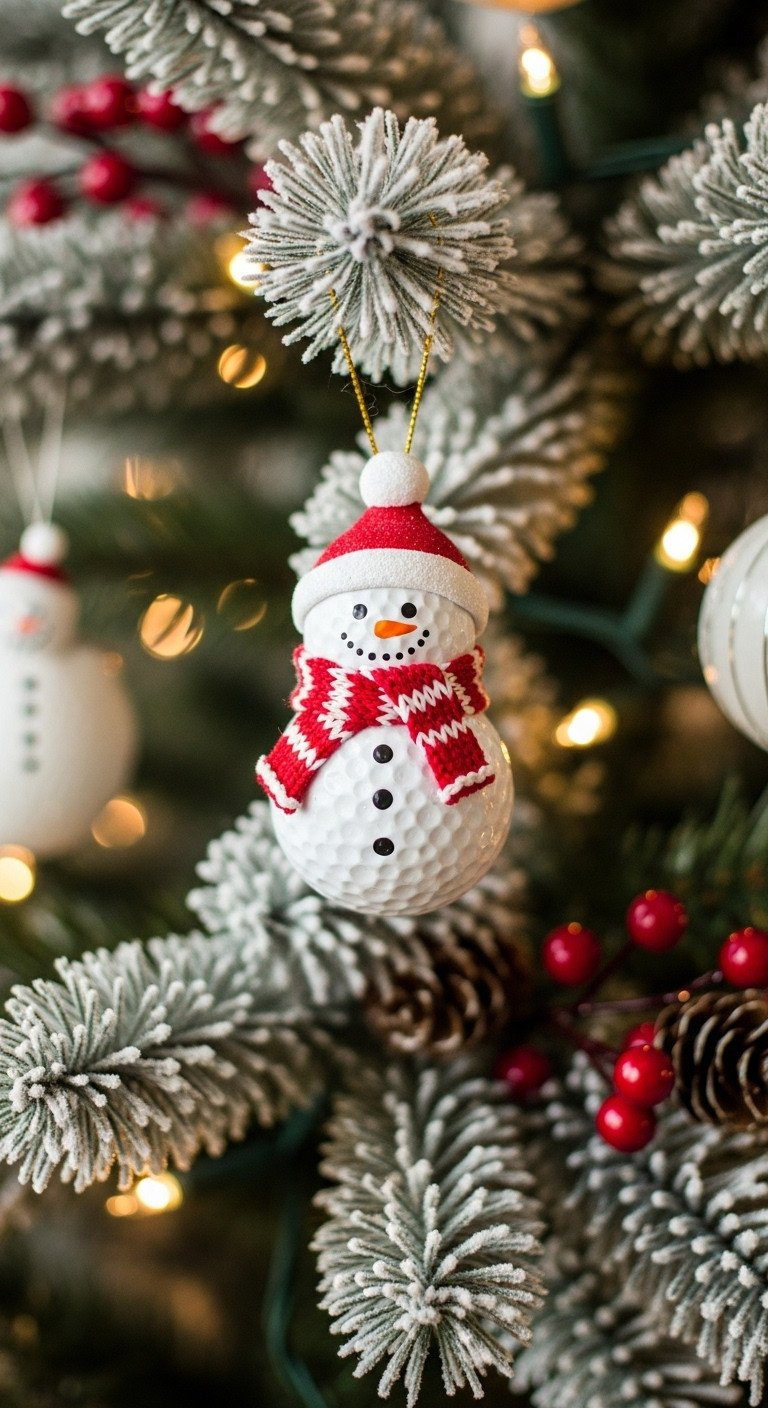 Whimsical Golf Ball Snowman Ornament With Knit Scarf And Carrot Nose, Hanging From A Flocked Christmas Tree Branch. Cozy Holiday Decor.