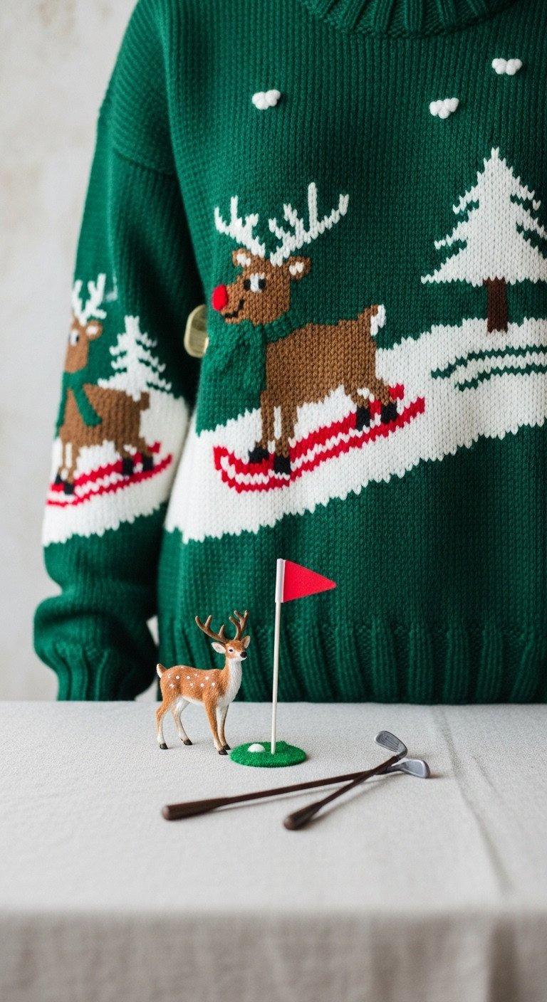 Whimsical Knitted Sweater Featuring A Comical Reindeer Playing Golf On A Snowy Fairway In Bright Holiday Colors, With Toy Deer.