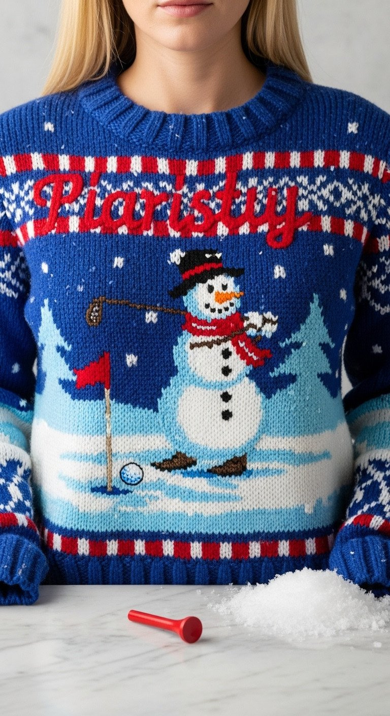 Whimsical Knitted Sweater With Snowman Playing Golf On Icy Blue-White Fairway, Featuring Heavy Texture. With Fake Snow And Red Golf Tee.