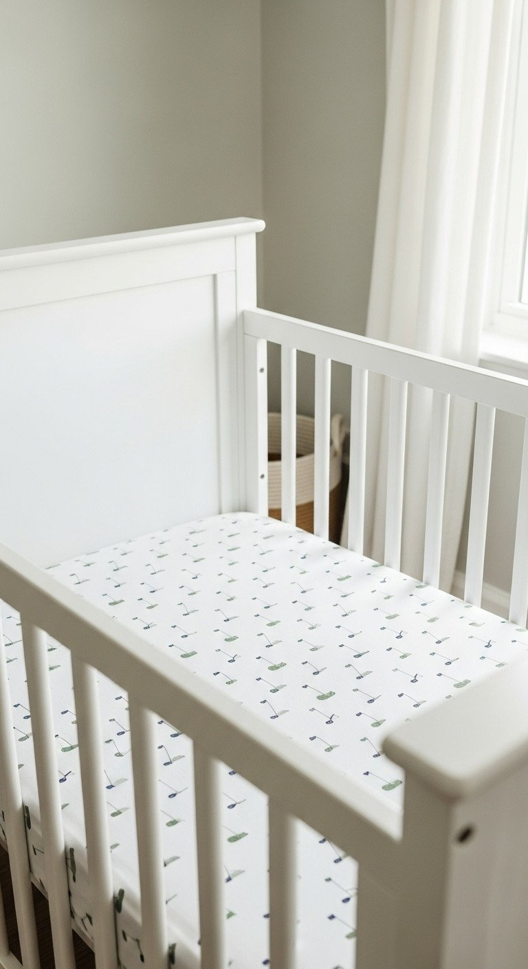 White Cpsc Crib With Organic Cotton Golf Club Pattern Crib Sheet In Sage Green And Navy. Safe Baby Nursery Bedding.