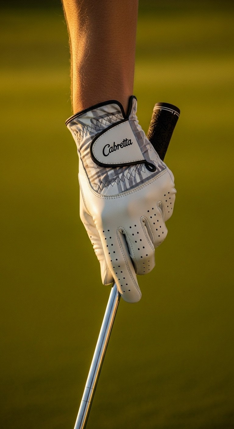 White Cabretta Leather Golf Glove, Subtly Patterned Back, On A Hand Gripping A Golf Club, Sharp Focus On Putting Green.