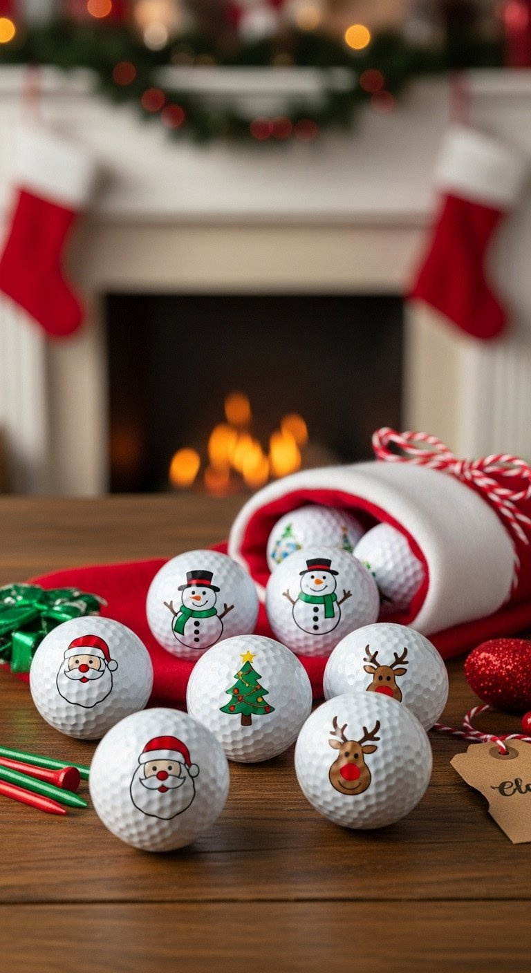 White Christmas Novelty Golf Balls With Santa, Snowman, Tree Imprints, Scattered On Rustic Table Near Empty Stocking. Festive Golf Gift.