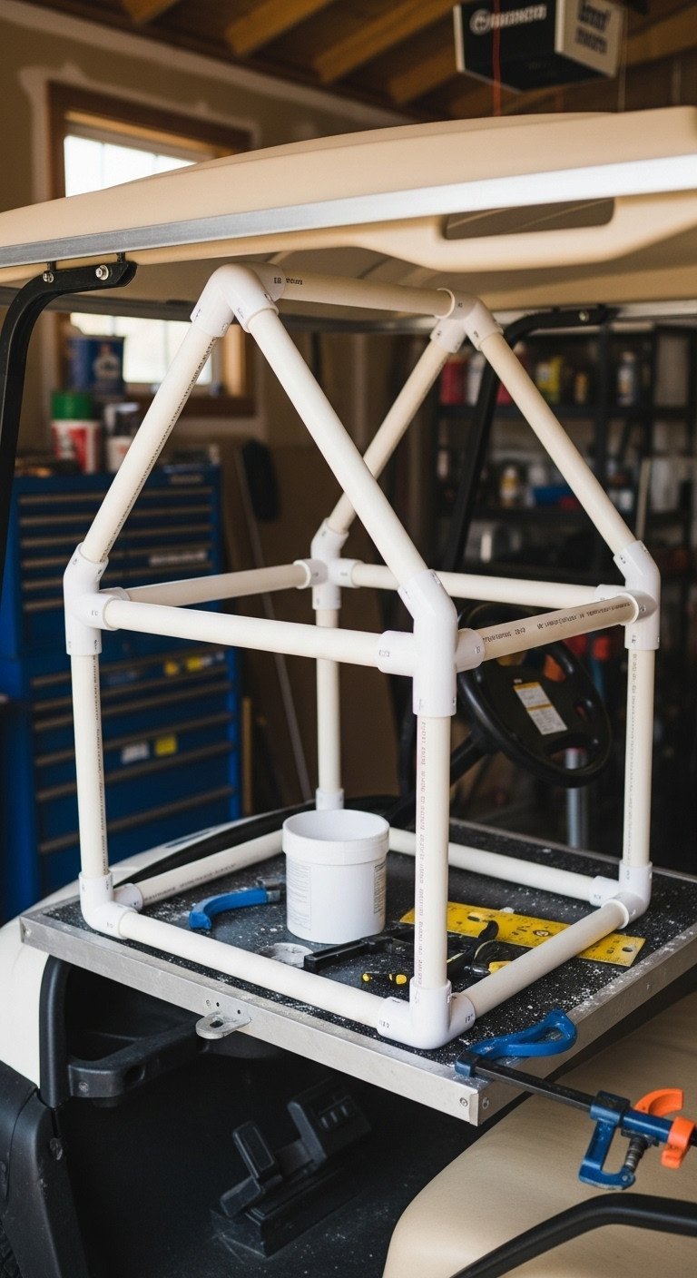 White Pvc Pipe Frame, Resembling A Gingerbread House Structure, Secured To A Golf Cart Roof With T-Joints, Showing Custom Float Construction.