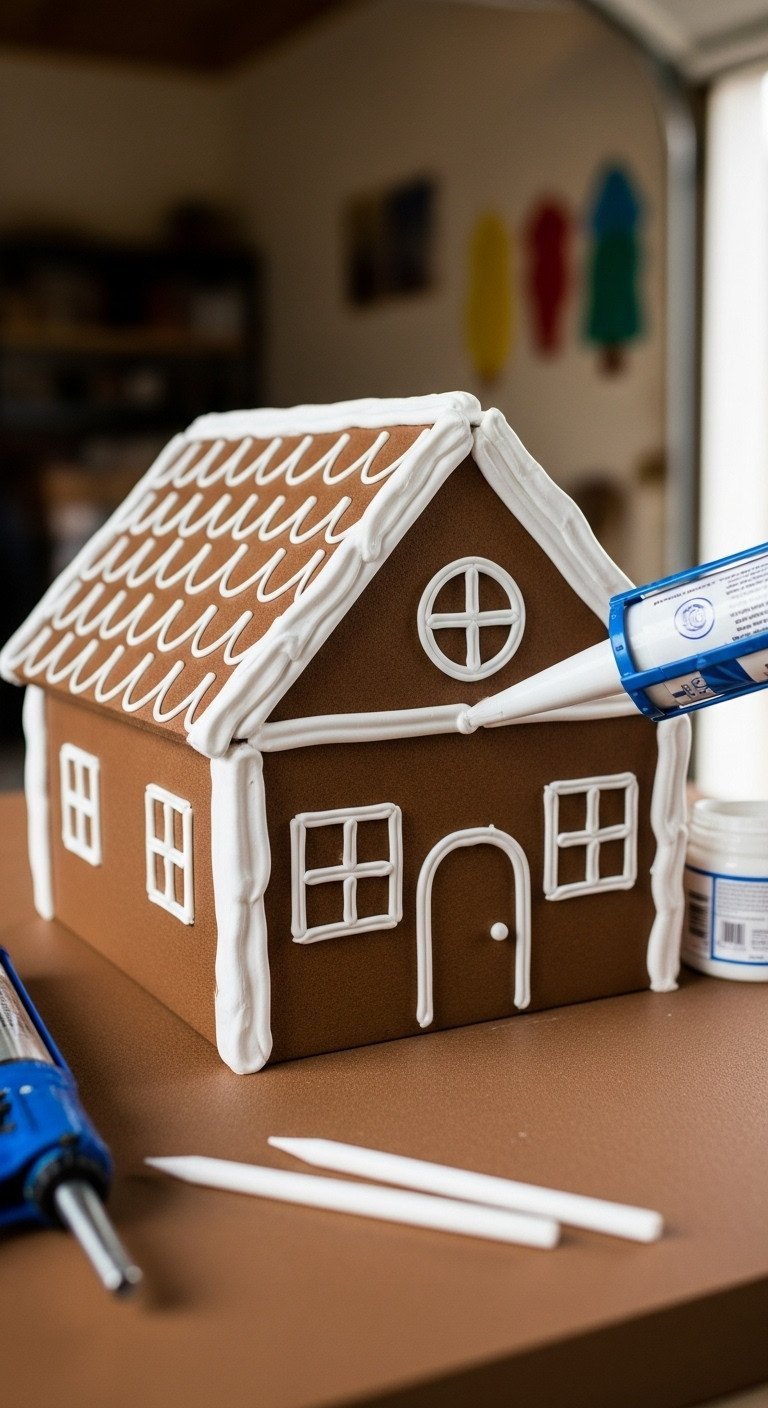 White Caulk Is Piped Onto Brown Foam Board, Creating Decorative Roof Edges And Window Outlines With A Caulking Gun, Mimicking Gingerbread Icing.