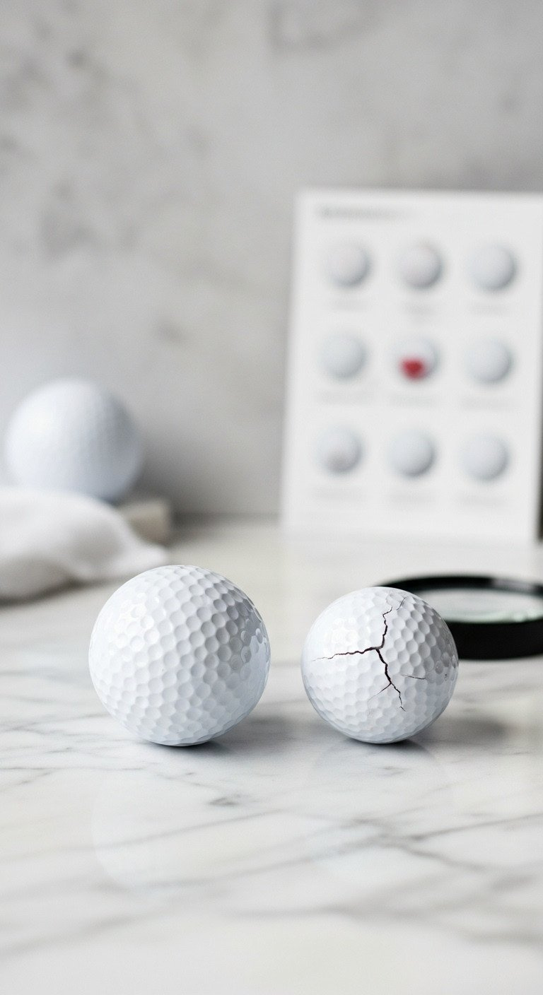 White Exploding Gender Reveal Golf Ball And Cracked Cheap One On Marble, With Magnifying Glass. Comparing Quality For Gender Reveals.