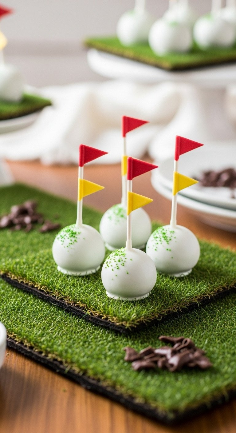 White Golf Ball Cake Pops With Red And Yellow Flagsticks On A Turf Stand, Perfect Elegant Dessert For A Themed Party.