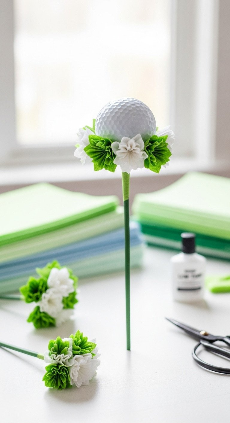Golf Ball Bouquet Ultimate Guide For Stunning Stable Results White Golf Ball Flower On A Green Stem With Green And White Tissue Paper Petals, A Crafting Table With Glue And Scissors.