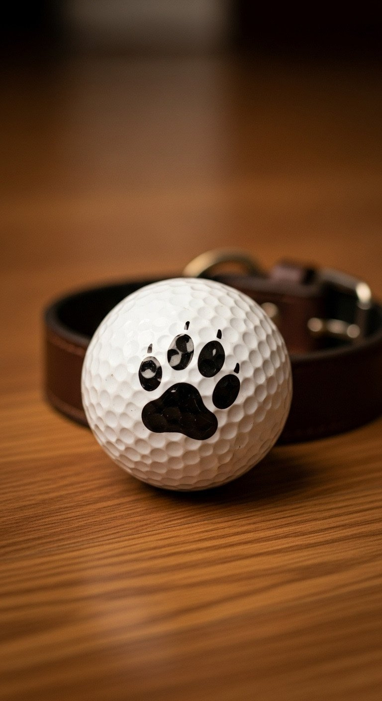 White Golf Ball With A Black Sharpie Paw Print Marking, Resting On A Wood Floor Next To A Blurred Leather Dog Collar.