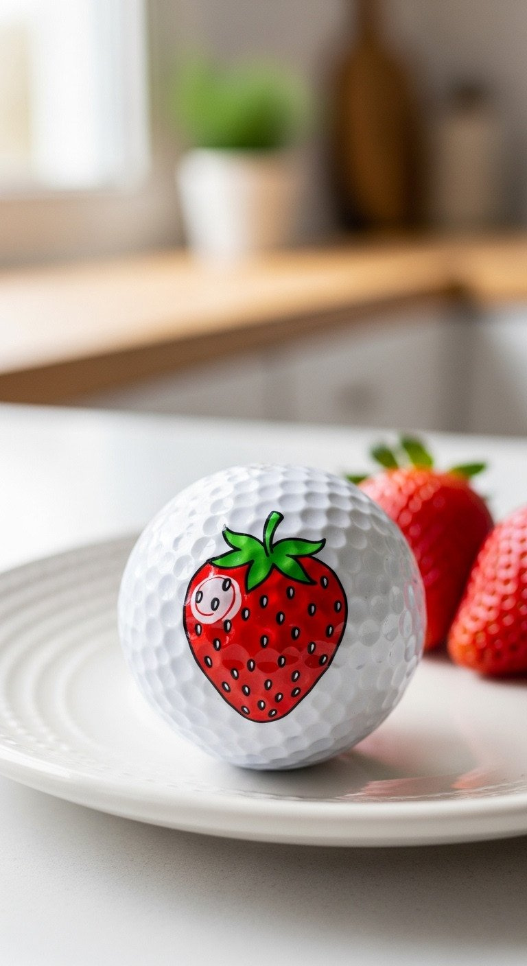 White Golf Ball With A Cute Hand-Drawn Red Strawberry Design, Sitting On A Ceramic Plate In A Bright Kitchen Setting.